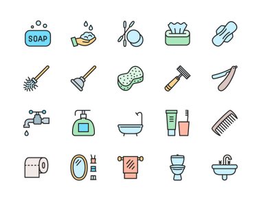 Hijyen Düz Renk Çizgisi Simgeleri. Küvet, Tampon, Tuvalet Pompası ve daha fazlası.