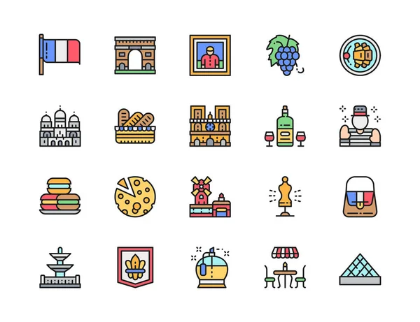 Ensemble d'icônes de ligne de couleur plate de la culture française. Alcool, Mime, Macarons et plus . — Image vectorielle