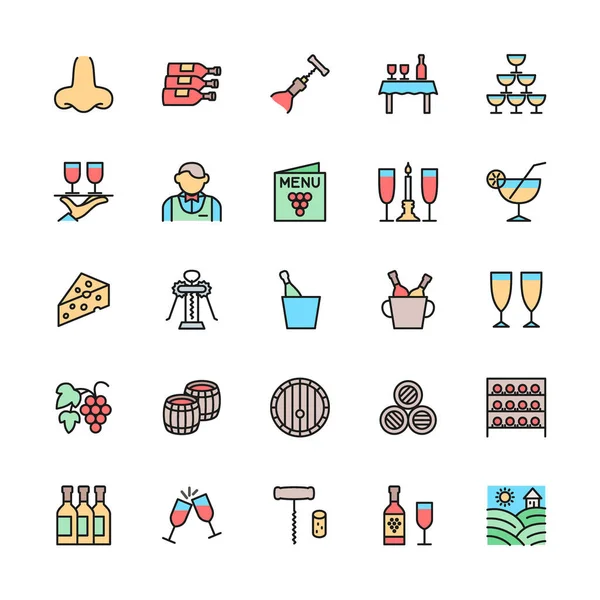 Set von Wine Color Line Symbolen. Alkohol, Cocktail, Korkenzieher, Kellner und mehr. — Stockvektor