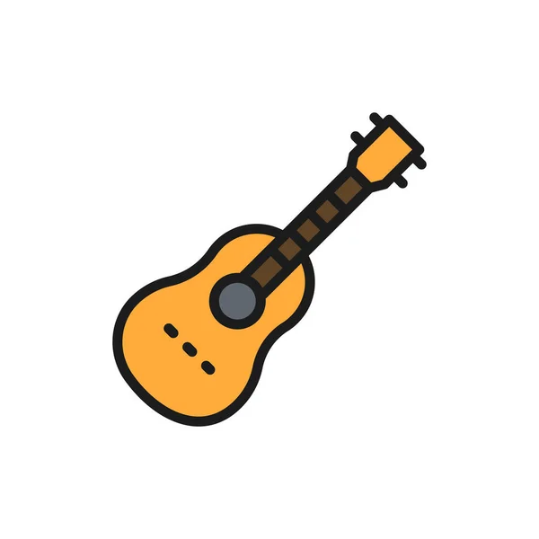 Guitarra acústica, instrumento musical de cuerda icono de línea de color plano. — Vector de stock