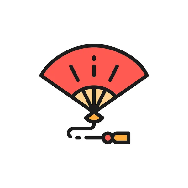 Japanse hand ventilator, traditionele geisha veer platte kleur lijn pictogram. — Stockvector