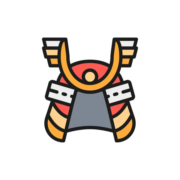 Samurai helmet, japanese warrior mask flat color line icon. — Stock Vector
