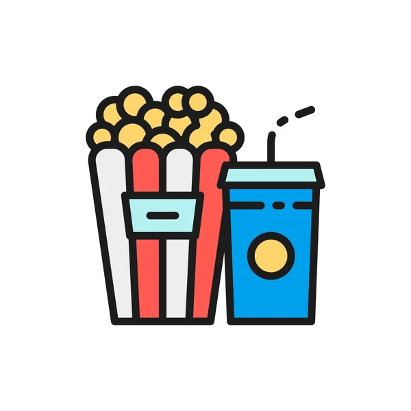 Patlamış mısır ve içecek, sinemanın düz renkli ikonu. — Stok Vektör