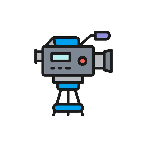Caméra de cinéma professionnelle avec icône de ligne de couleur plate microphone. — Image vectorielle