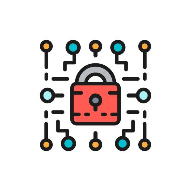Siber kilit, ağ güvenliği, kriptografi düz çizgi simgesi.
