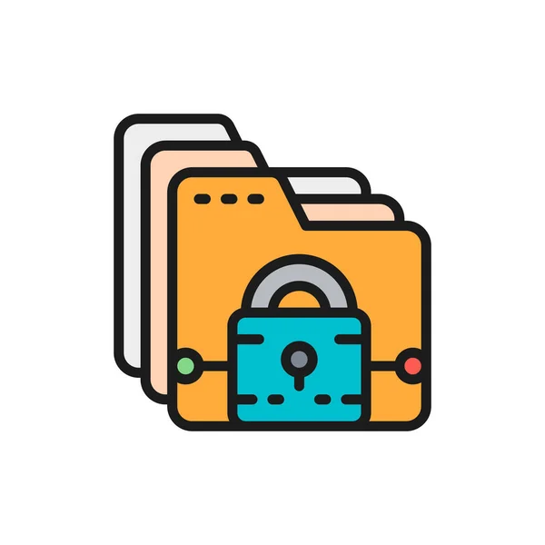 Folder z blokadą, ochrona plików, bezpieczeństwo danych ikona płaskiej linii kolorów. — Wektor stockowy