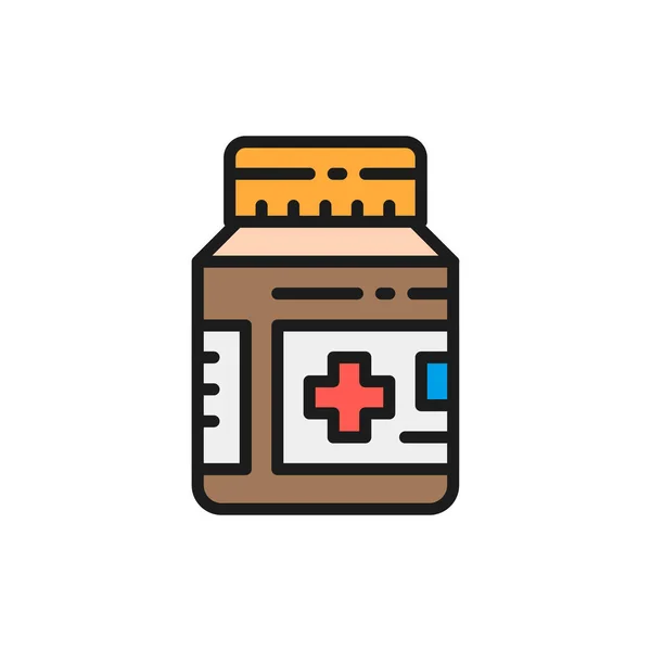 Frasco médico com comprimidos e drogas ícone de linha de cor plana. — Vetor de Stock