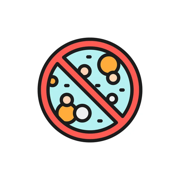 Signo prohibido con microbios, antibacteriano, sin bacterias icono de línea de color plano. — Vector de stock