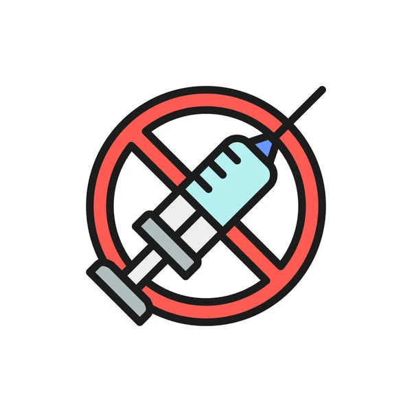 Forbidden sign with syringe, no vaccination, no injection flat color line icon. — Stock Vector