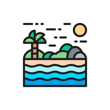 Palmiyeli sahil, tropik ada, Tayland kıyısı düz renk çizgisi ikonu.