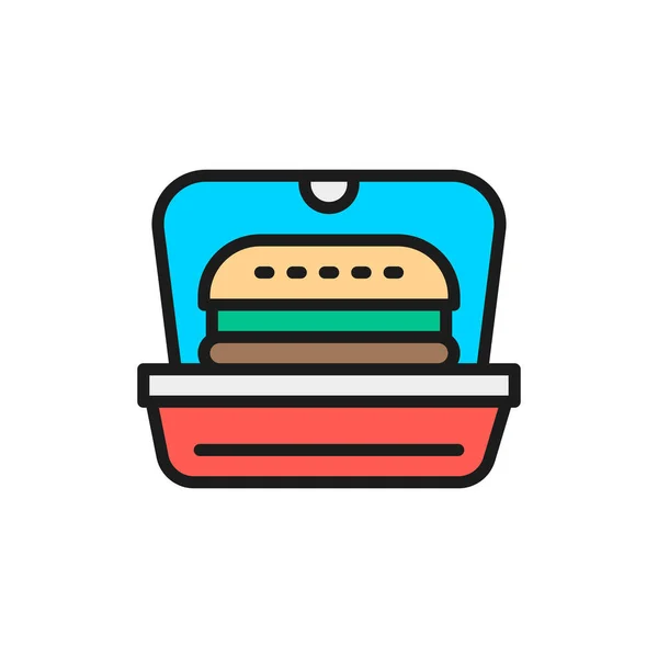 Burger in packing, fast food takeaway flat color line icon. — Stock Vector