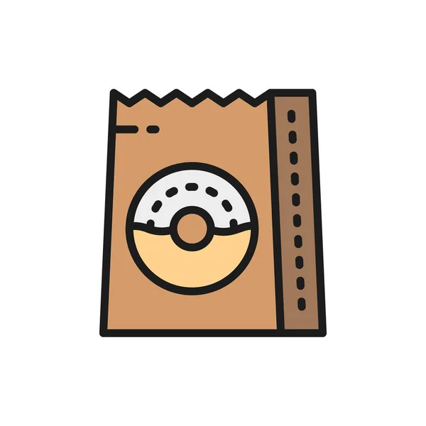 袋装甜甜圈、食品包装、外卖扁平彩线图标. — 图库矢量图片