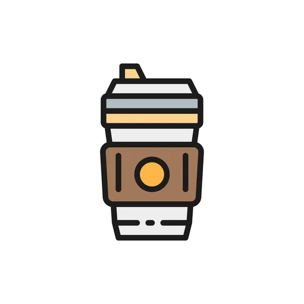 Copo descartável com bebida quente, café takeaway ícone de linha de cor plana. — Vetor de Stock