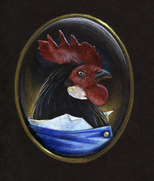 Formal portrait of black rooster. Color pencil drawing on black paper
