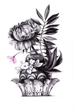 Çiçekli kek. Buzlanma ve gerçek çiçekler ile cupcake Dekoratif illüstrasyon. Siyah kalemle çizilmiş.