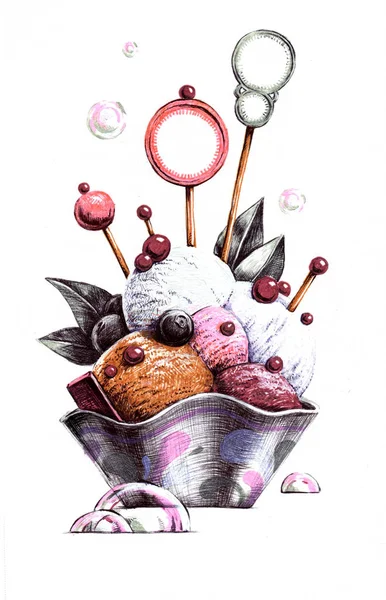 バブルスティックで飾られたアイスクリームカップケーキ — ストック写真