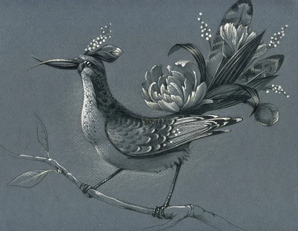 Fantastic bird with flower tail. Drawn on toned paper.