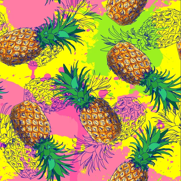 Nahtloses Muster Mit Ananas Und Farbklecksen Fliesenfähiger Hintergrund — Stockvektor