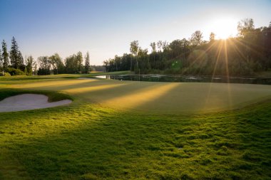 Golf topu üzerinde yeşil çimen mavi yaz sky içinde belgili tanımlık geçmiş