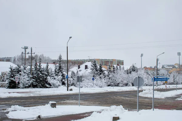 Зима Городе Снежная Сказка Снежный Циклон Деревья Автомобили Снегу Зима — стоковое фото