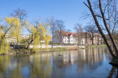 Güneşli bir günde Oder Nehri bahar dolgu, Polonya