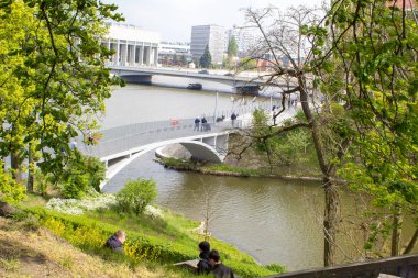 Wroclaw / Poland - April 22 2019: Panorama of the historical Polish city and reflection in the Odra River, Wroclaw Embankment.