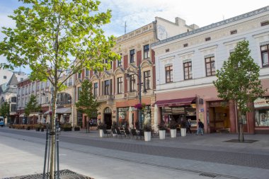 Lodz, Polonya - 09 Temmuz 2019: Yaz gününde Polonya şehri Lodz'un ana tarihi caddesi Piotrkowska'nın manzarası.
