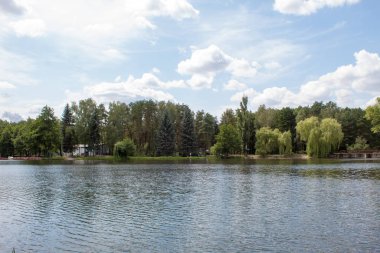 Bulutlar ve pitoresk bir göl, iğne yapraklı ve yaprak döken orman ile çevrili mavi gökyüzü güzel yaz manzara.