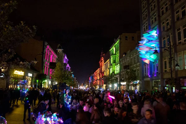 stock image Lodz/ Poland - September 28 2019: IX Lodz World Light Move Festival is an artistic event, which shows the city of Lodz in extraordinarily special way and presents its buildings in a different light