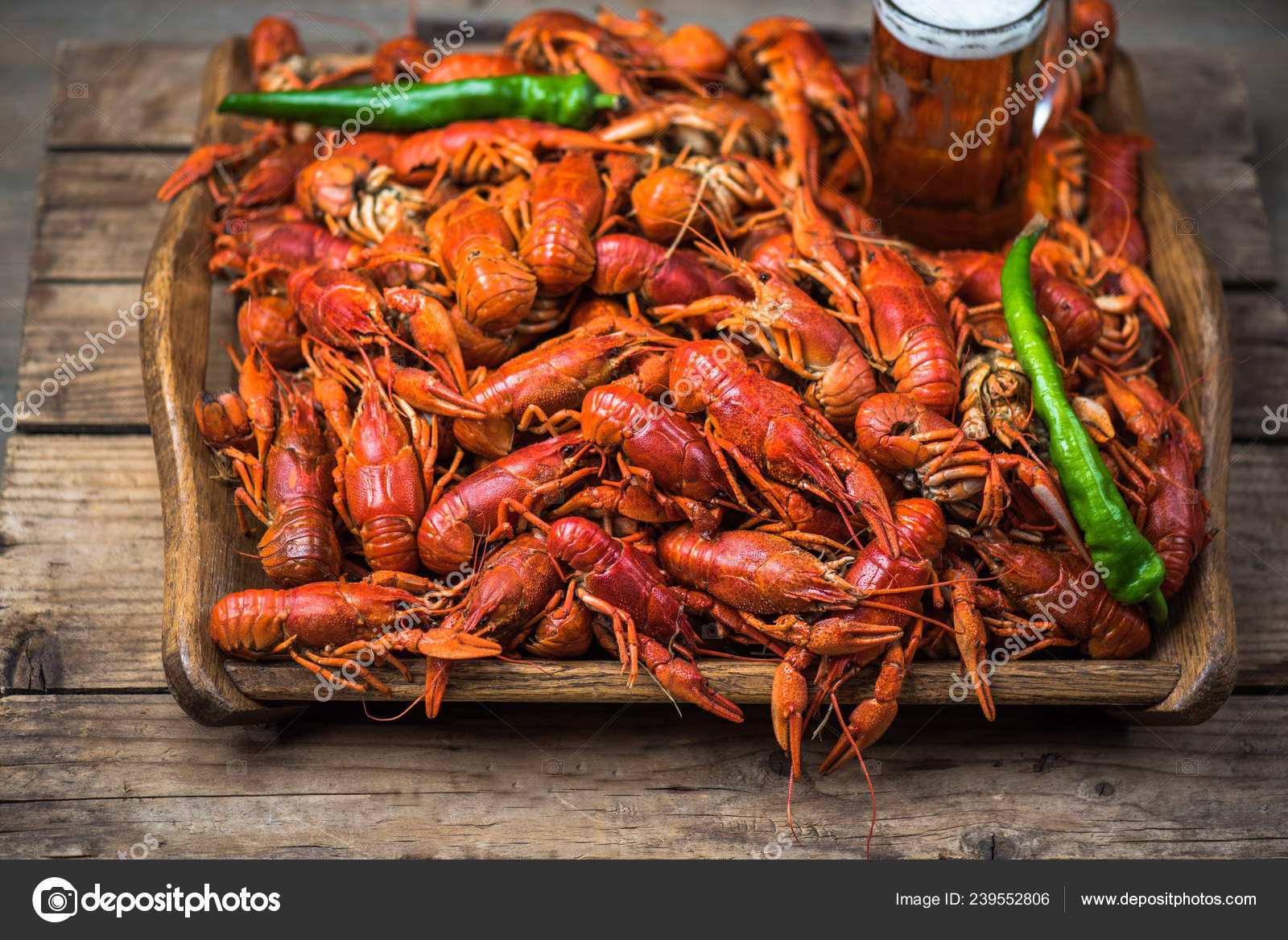 Freshly Brewed Crawfish Wooden Tray Stock Photo C Vikageyder 239552806