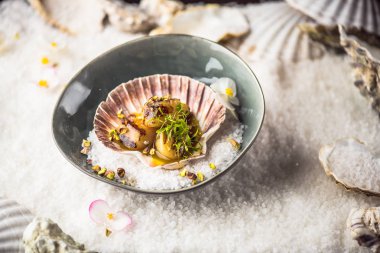 Beyaz yüzey üzerinde kase kabuk servis ızgara tarak ile deniz ürünleri snack