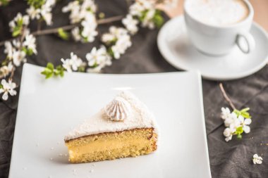 Tatlı pasta beyaz plaka üzerinde parça fincan cappuccino ile 