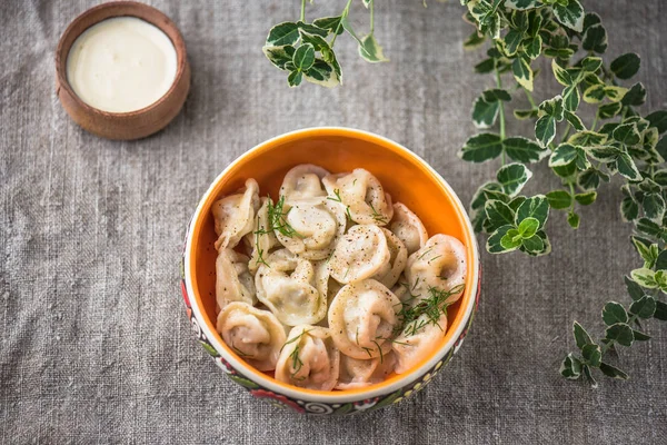haşlanmış mantı ın renkli plaka yakın çekim. Rustik masasına köy yemek. Sağlıklı taze yiyecek