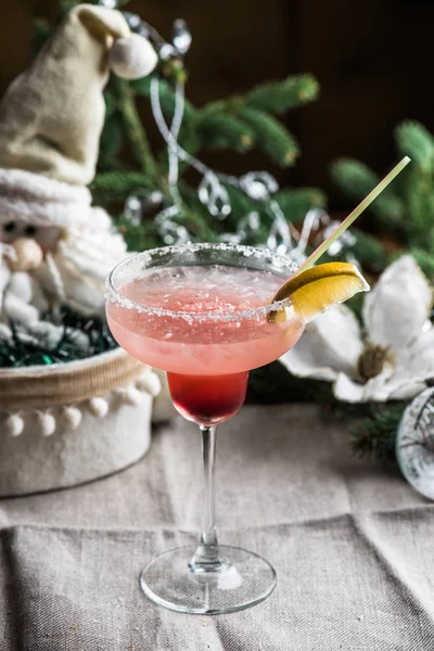 Alcohol Berry Cocktail Glass Grey Tablecloth Blurred Background — Stock Photo, Image