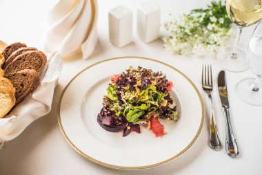 Restoranda beyaz arka plan üzerinde tabakta servis taze sebze salatası