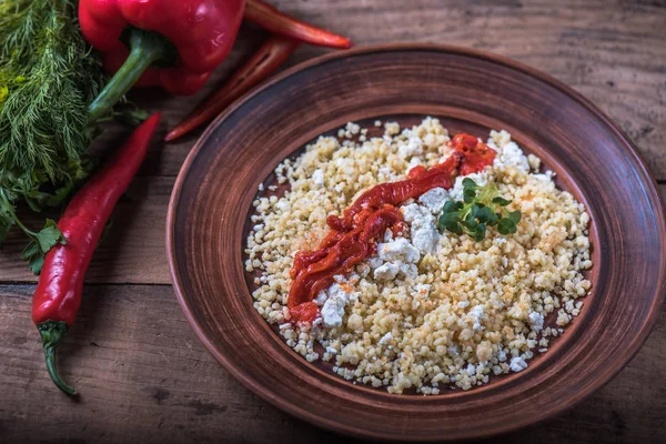 Cuscus Cheese Vegetables Plate Wooden Table — Stock Photo, Image