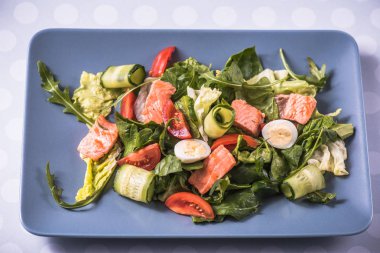 Taze sebze salatası somon ve mavi tabakta Yumurta