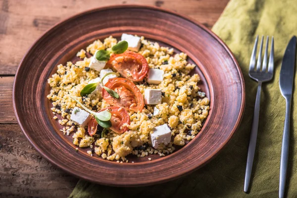 Cuscus Cheese Vegetables Brown Plate Wooden Table — Stock Photo, Image