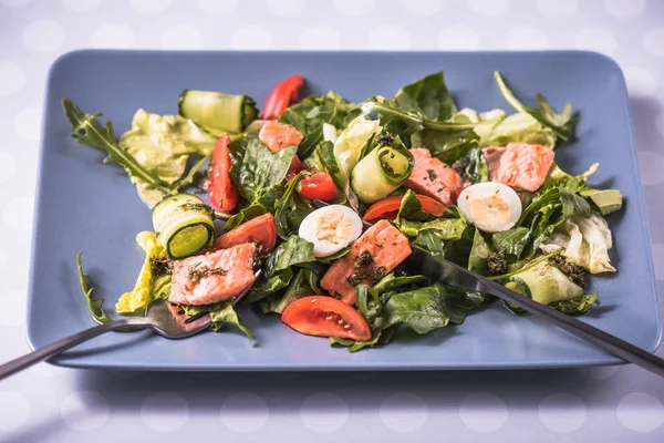 Taze sebze salatası somon ve mavi tabakta Yumurta