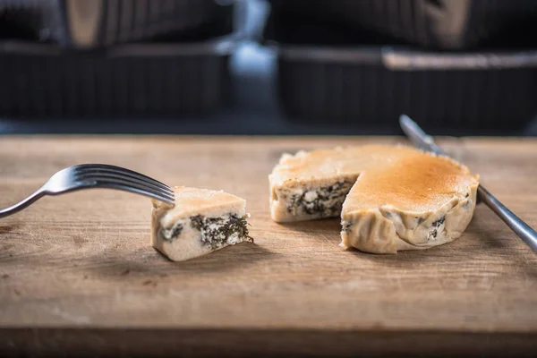 Salty Stuffed Cake Spinach Cheese Wooden Board — Stock Photo, Image