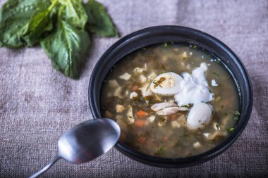 Geleneksel yeşil borsch kase masa örtüsü üzerinde hizmet