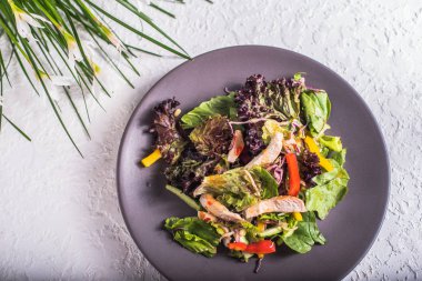 plaka beyaz yüzeyinde tavukla sebze salatası