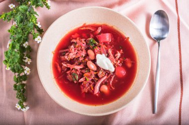 Geleneksel borsch pembe kumaş üzerine kasede servis 