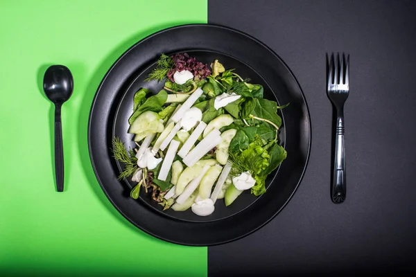 Fresh vegetable salad on plastic plate on grey and green background