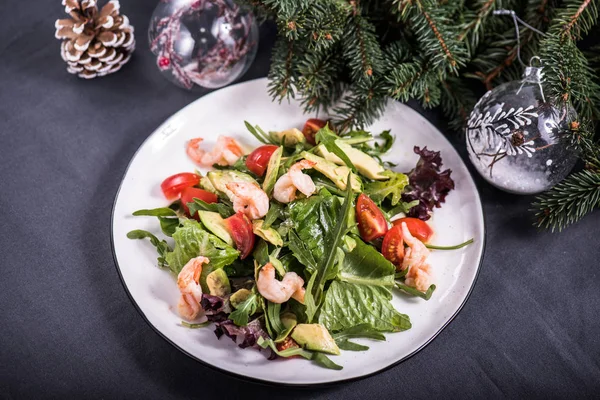 seafood salad on plate with christmas decor