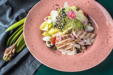 pembe plaka üzerinde ızgara tavuk göğsü ile sebze salatası