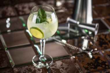 Cin tonik kokteyl cam limon ve nane kahverengi kiremitli yüzeyi ile