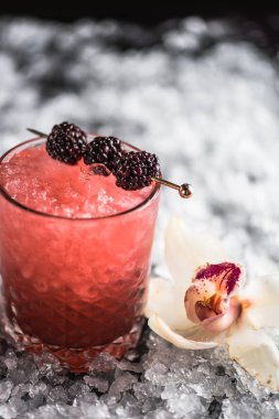 Kokteyl cam buz ile koyu arka plan üzerinde böğürtlen ile dekore edilmiş