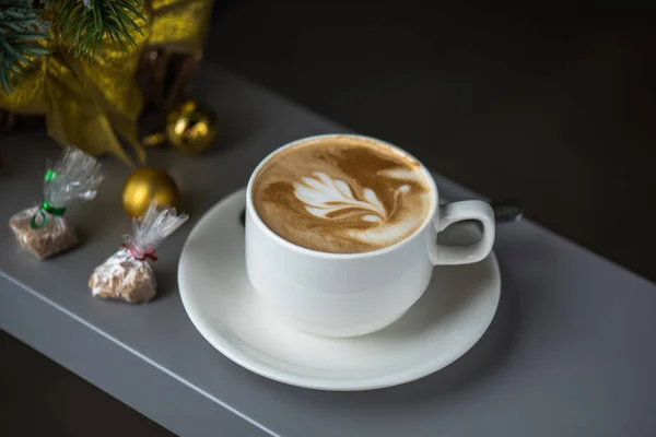 Cup Tasty Cappuccino Saucer Grey Surface Christmas Decor — Stock Photo, Image