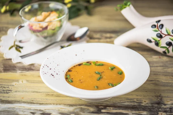 Vegetable Soup Served White Plate Wooden Table — Stock Photo, Image